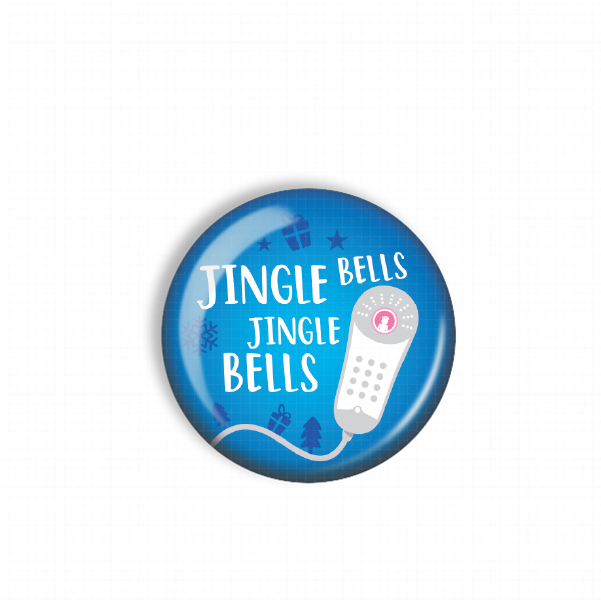 A blue button with the text "JINGLE BELLS JINGLE BELLS" printed on it, along with a white telephone icon.