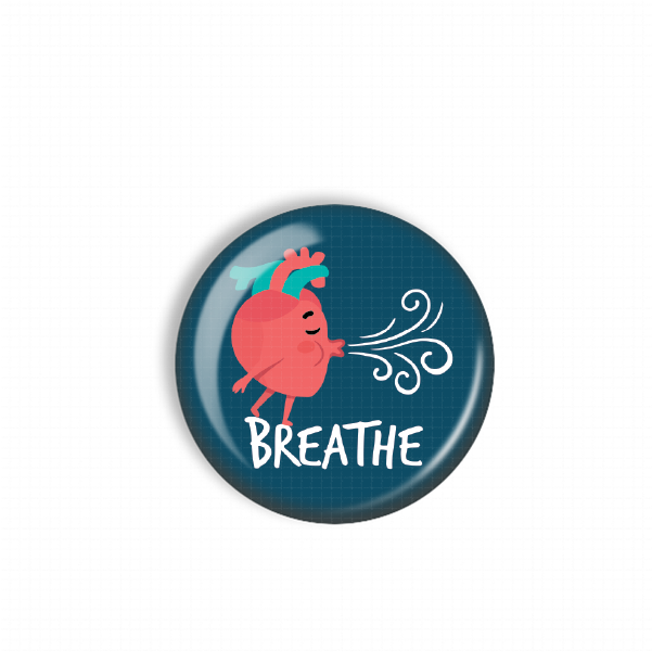 A blue button with a cartoon heart and the word "BREATHE" written on it.