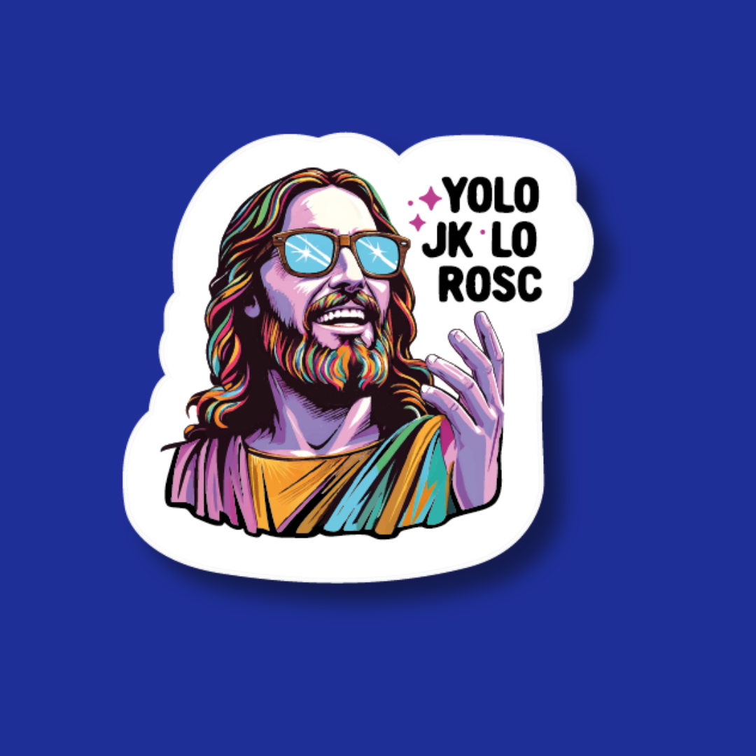 A sticker depicting a man with long hair, sunglasses, and a beard, along with the text "YOLO JK-LO ROSC" written above him.