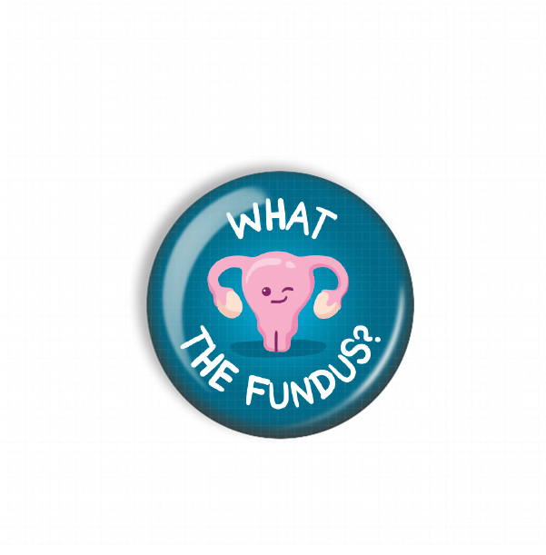 A blue button with a pink cartoon character and the text "WHAT THE FUNDUS?"