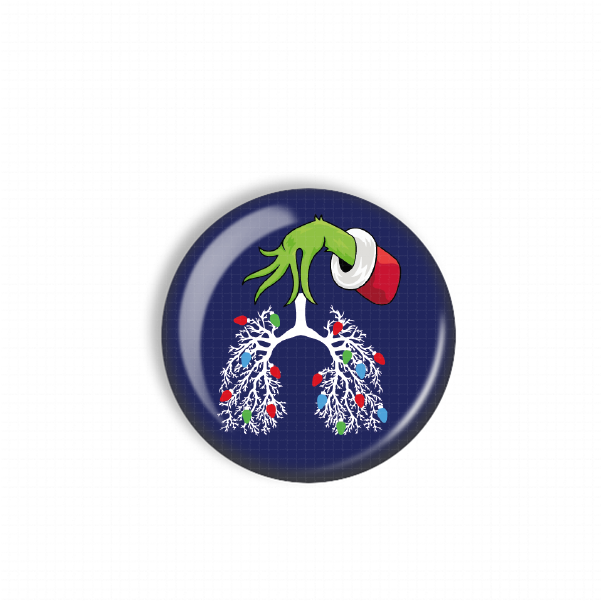 A blue circular button with a green hand holding a red cup, which appears to be a stylized representation of a lung with Christmas lights.