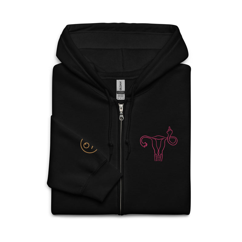 Embroidered Full-Zip Hoodie: Middle Finger Uterus