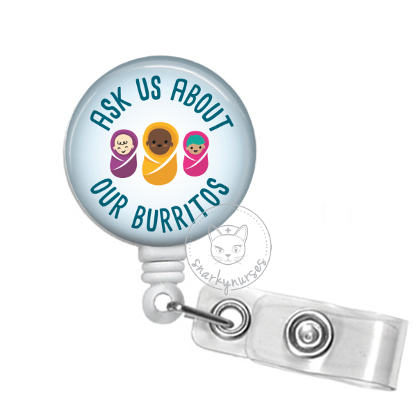 ERHACHAIJIA Ask Me About Our Burritos Blue Glitter Badge Reel with Clip,  Funny Baby ID Card