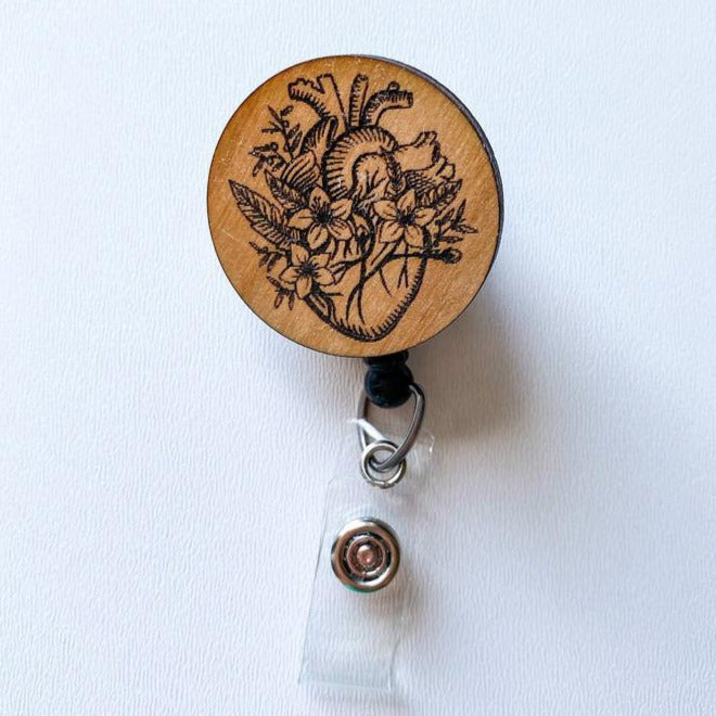 Wooden Badge Reel: Floral Heart