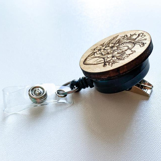 Wooden Badge Reel: Floral Heart