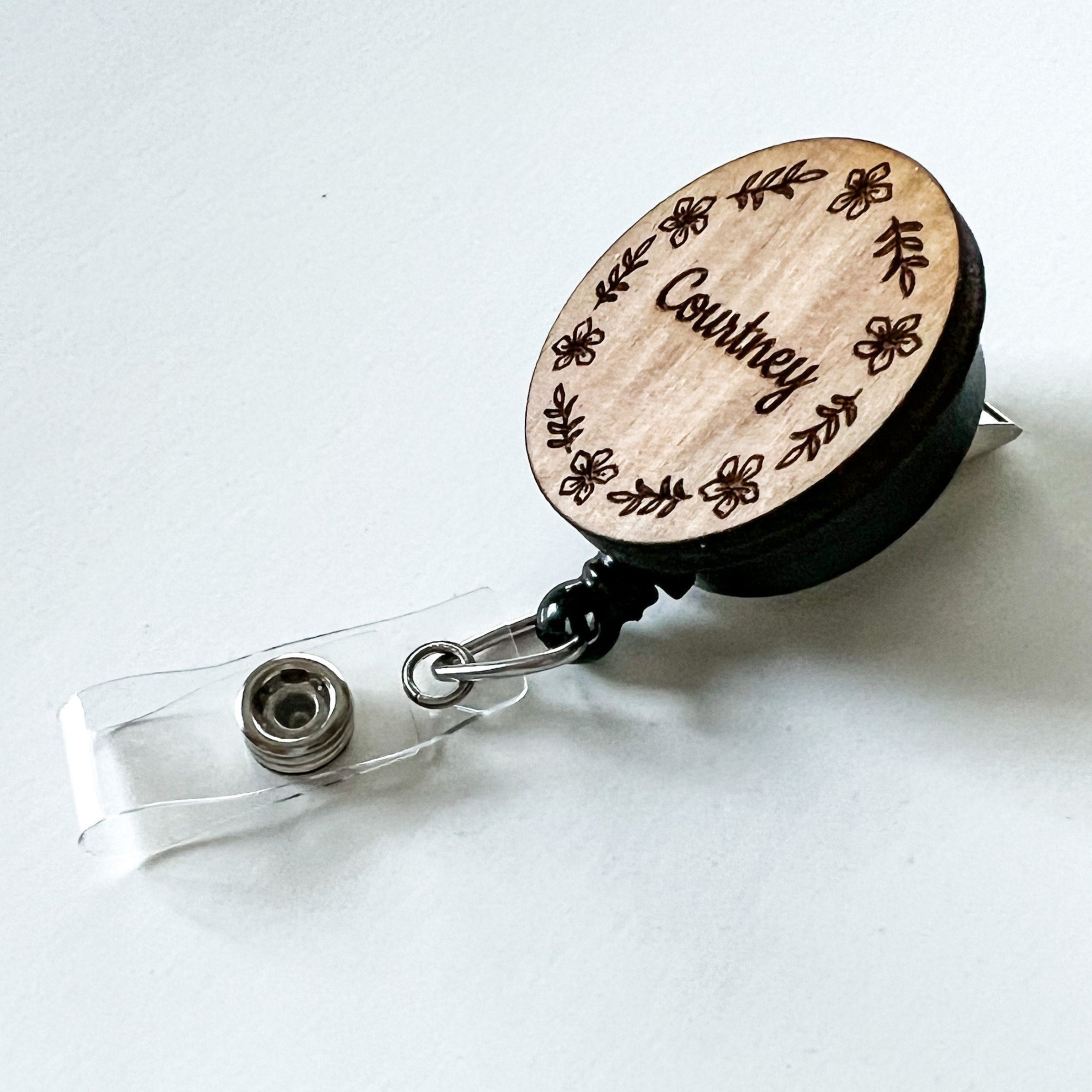 Wooden Badge Reel: Flower Frame - Personalize!