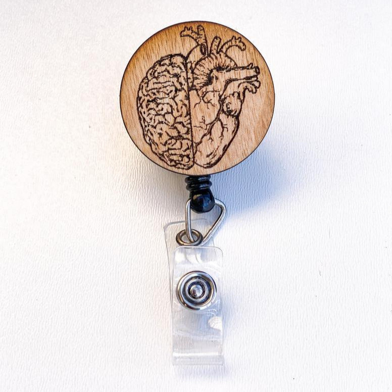 Wooden Badge Reel: Heart & Brain