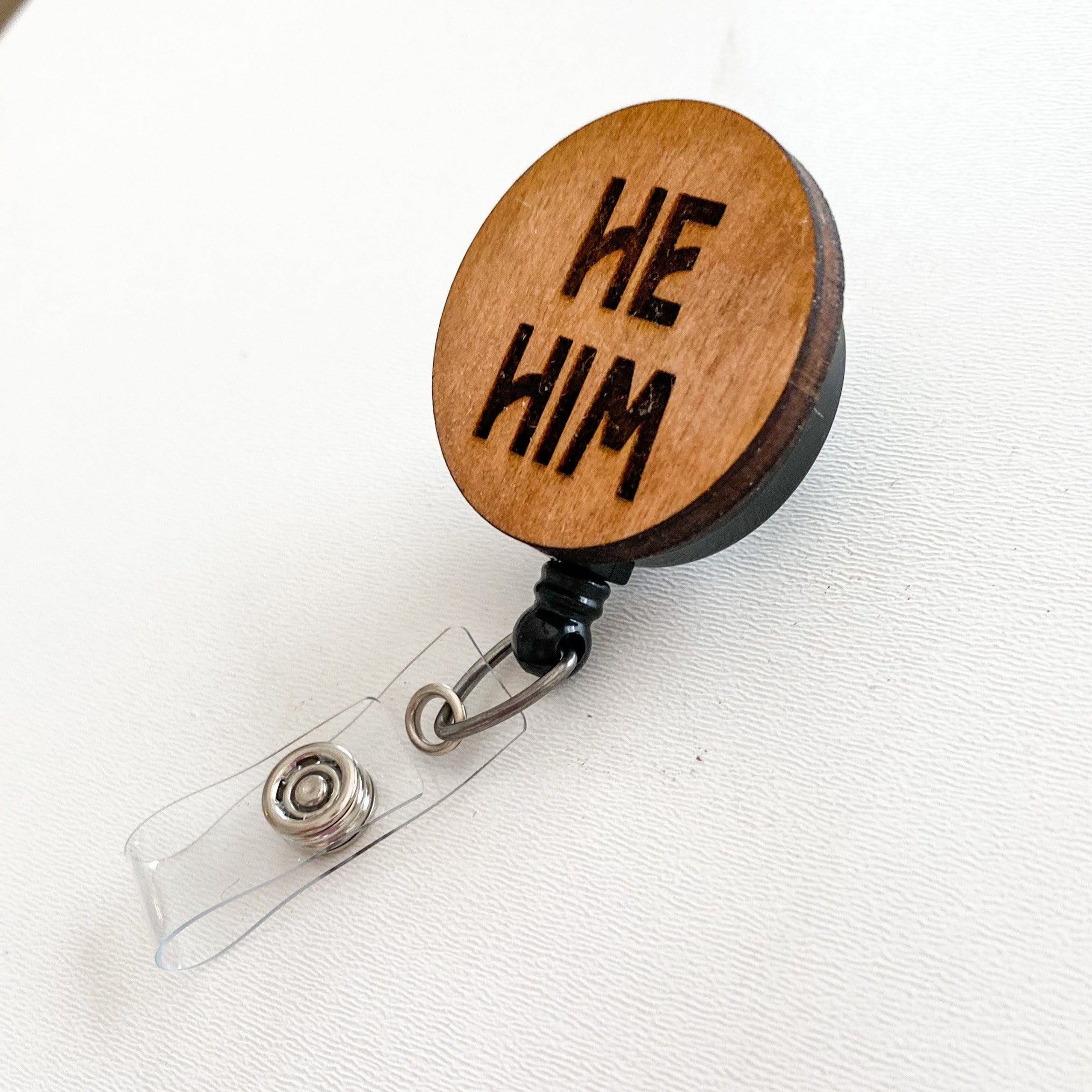 Wooden Badge Reel: He/Him